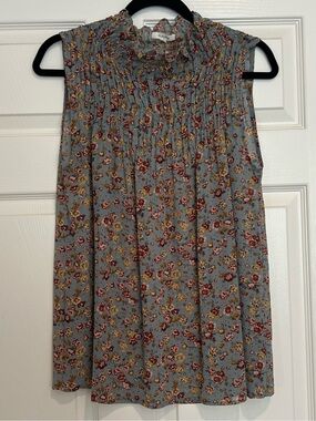 Pleione Light Blue Floral Smocked Neck Sleeveless Top